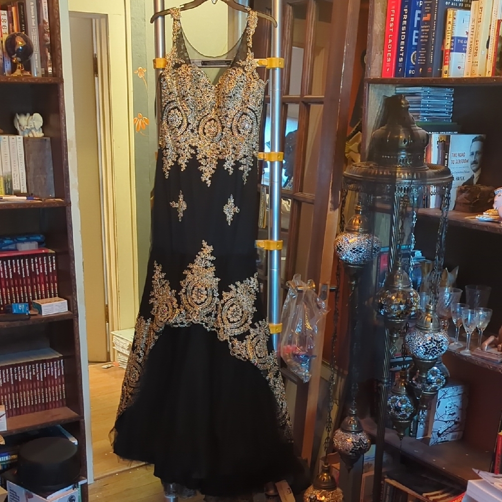 Elegant Black and Gold Embellished Prom Dress